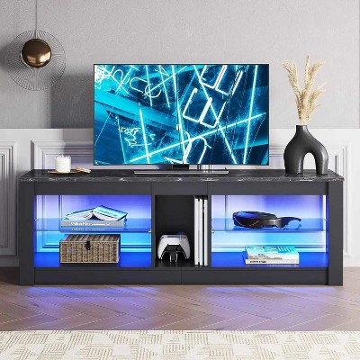 Black Marble 63-inch TV Stand with LED Lights and Glass Shelves
