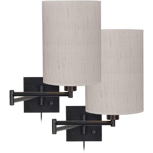 Franklin Iron Works Modern Swing Arm Wall Lamps Set of 2 Espresso Bronze Plug-In Light Fixture Ivory Linen Cylinder Shade Bedroom - 1 of 4
