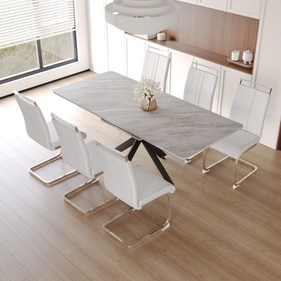 NicBex Dining Table Set for 6 Modern Extendable Dining Room Table with MDF Marble Pattern Tabletop and 6 PU Chairs for Kitchen