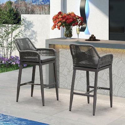 PURPLE LEAF Outdoor Rattan Bar Stools Set of 2 Modern Boho Aluminum Patio Bar Height Chair with Cushion for Garden Outdoor and Indoor