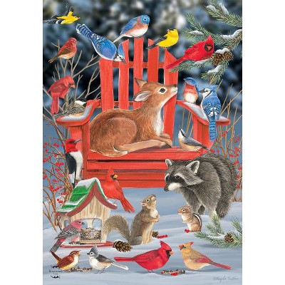 Snow Day Gathering Winter Garden Flag with Fawn and Birds