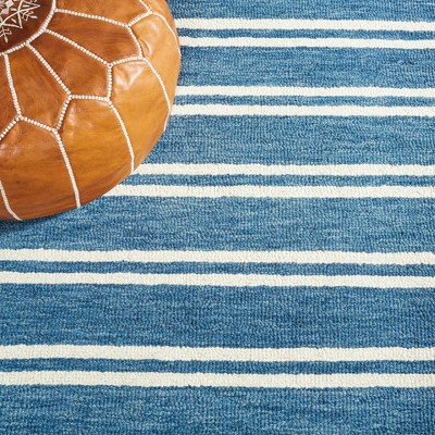 Blue and White Striped Hand-Tufted Wool 4' x 6' Rug