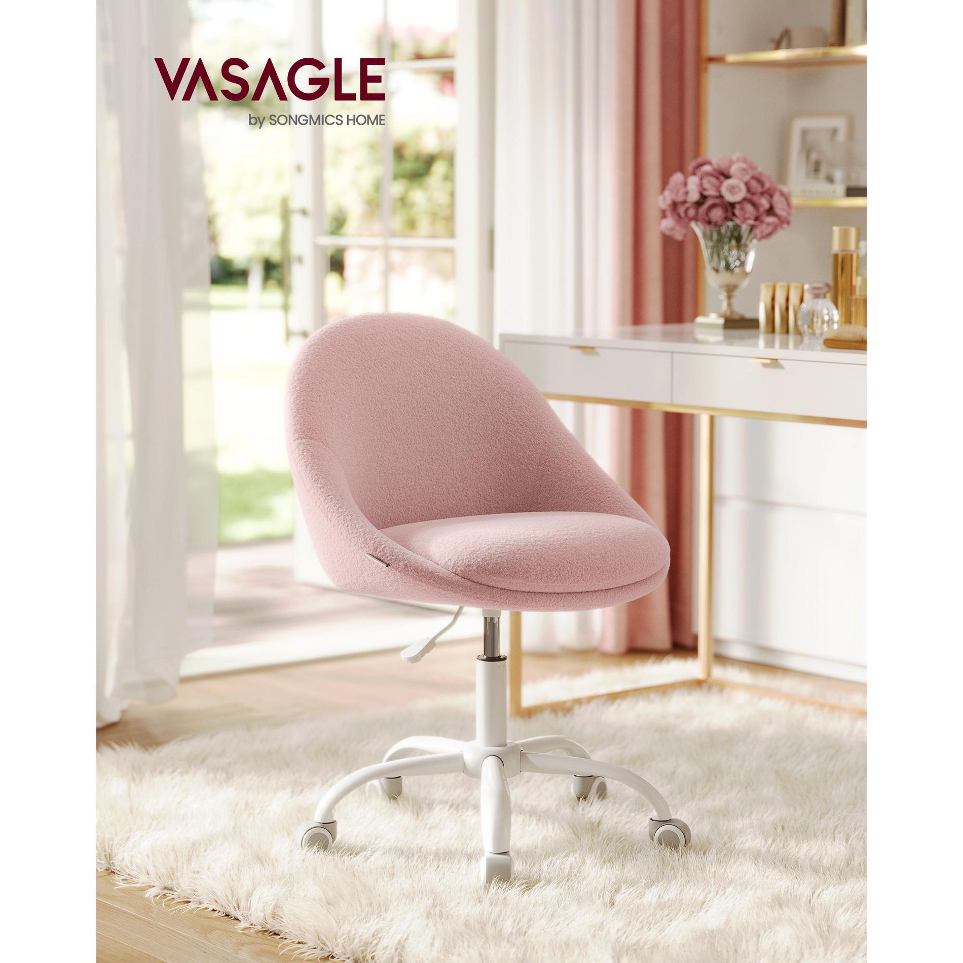 Adjustable Swivel Vanity Chair with Back Support - Teddy Fleece, Compact Design, 242 lb Capacity, Jelly Pink