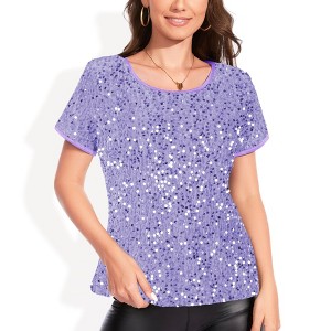 Anna-Kaci Women's Short Sleeve Crew Neck All-Over Sequin Embellished Top Stylish Sparkling Blouse - 1 of 4