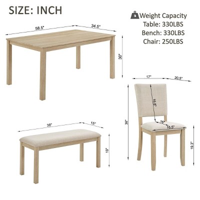 Dimension schematic with table, bench and chair measurements