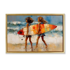 Stupell Industries Surfboard Kids Friends Black Floater Framed Canvas Wall Art - 1 of 4
