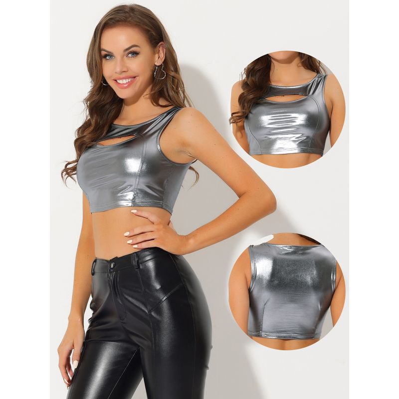 Allegra K Women's Metallic Sleeveless Cut Out Party Holographic Crop Tank Tops, 2 of 5