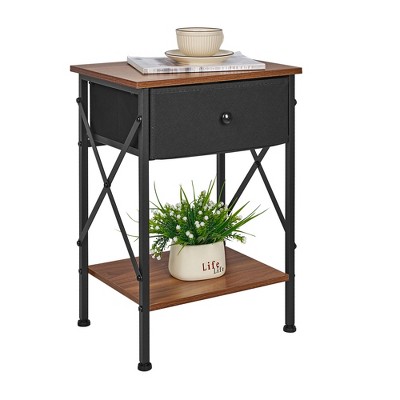 VECELO Modern X-Design Nightstand, End/Side Table with Fabric Drawer & Open Storage Shelves for Bedroom or Living Room