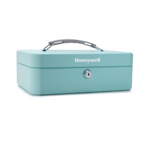 Honeywell Mobile Cash Box 816112TL Teal Blue: Steel Key Lock Safe with Removable Tray, Portable Security Lockbox - 1 of 4