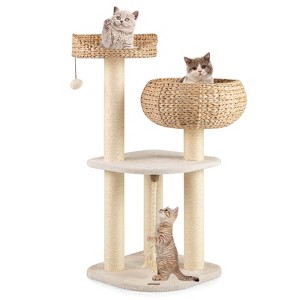 Costway 41'' Hand-Made Cat Tree Tower Natural Bowl Shaped w/ 2 Perch White - 1 of 4