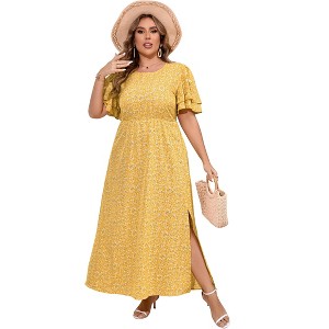 Plus Size Women's Flowy Double-Layer Dress - round neck, Peplum Hem & Side Slit Ankle-Length Maxi - 1 of 4