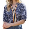 Women's Contrast Placket Floral And Stripe Textured Knit Top - voy - 4 of 4