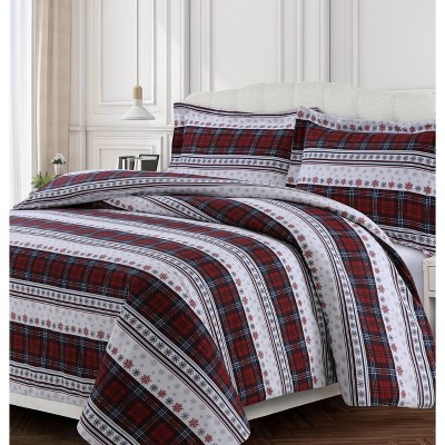 3pc Queen Comfy Stripe Cotton Flannel Printed Oversized Duvet Set Red - Tribeca Living