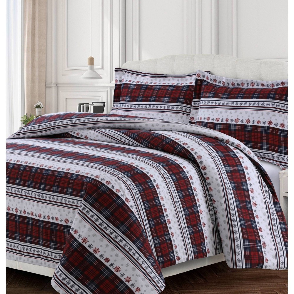 Photos - Bed Linen 3pc King Comfy Stripe Cotton Flannel Printed Oversized Duvet Set Red - Tribeca Living