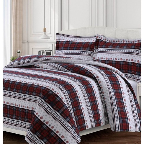 3pc Queen Comfy Stripe Cotton Flannel, Red Flannel Duvet Cover Queen Size