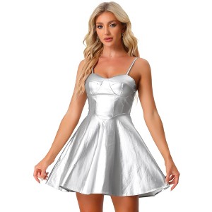 Allegra K Women's Spaghetti Strap Sweetheart Neckline A-line PU Dress - 1 of 4
