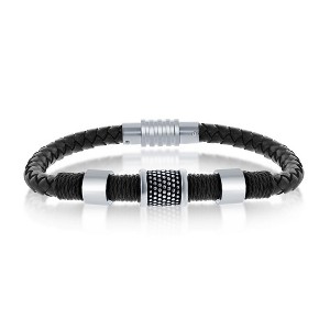 Metallo Stainless Steel Oxidized Rope Design Genuine Leather Bracelet - Black - 8.5 Inch - 1 of 4