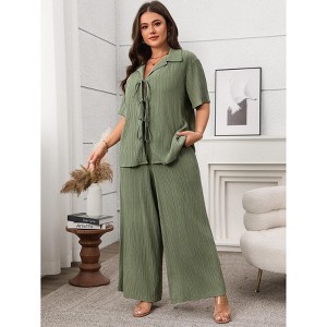 Womens Plus Size Outfits Short Sleeve Solid Tie Front T-Shirt Elastic Waist Wide Leg Pants Set Summer Casual Streetwear - 1 of 4