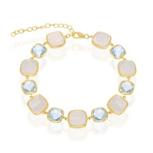 Simona Sterling Silver Alternating Square Blue Topaz & Mother of Pearl Bracelet - Gold Plated - Blue - 7+1.5 Inch - 1 of 2