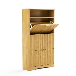 AENKYO Tall Shoe Cabinet with 3 Flip-Door Drawers - Modern Shoe Storage Organizer with Adjustable Shelf, Countertop, Walnut Finish - 1 of 4