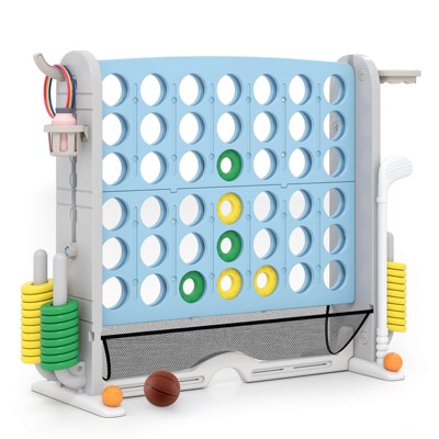 Costway Giant 4-in-a-Row Game Set with Ring-toss, Basketball Hoop, Golf Club & Cup Holders Light Blue + Gray
