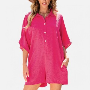Amaryllis Women's Relaxed Fit Collared Button-Front Romper Breezy Short Sleeve One-Piece Outfit with Pockets Casual Chic - 1 of 4
