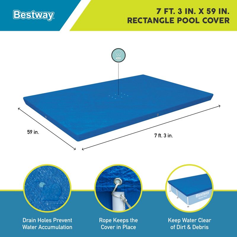 Bestway Flowclear Rectangle 7'4" x 60" Pool Cover for Above Ground Swimming Pools with Drain Holes and Tie-Down Ropes, Blue (Cover Only), 3 of 8