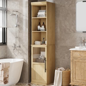 70" Bathroom Storage Cabinet, Slim Freestanding Bathroom Cabinet with Door and Open Shelves Boards, Tall Narrow Floor Cabinet - 1 of 4