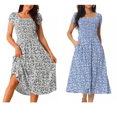 Seta T Women's Casual Floral Crew Neck Cap Sleeve Boho Flowy Midi Dress with Pockets 2 Packs