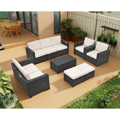 10 Piece Rattan Garden Sofa Set,Wicker Outdoor Patio Furniture Conversation Set,Sectional Sofa with Storage Table and Cushions-Coolbibila