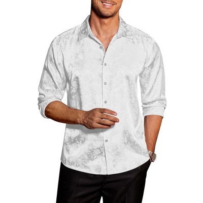 COOFANDY Men's Silk Satin Jacquard Long Sleeve Floral Button Up Shirts