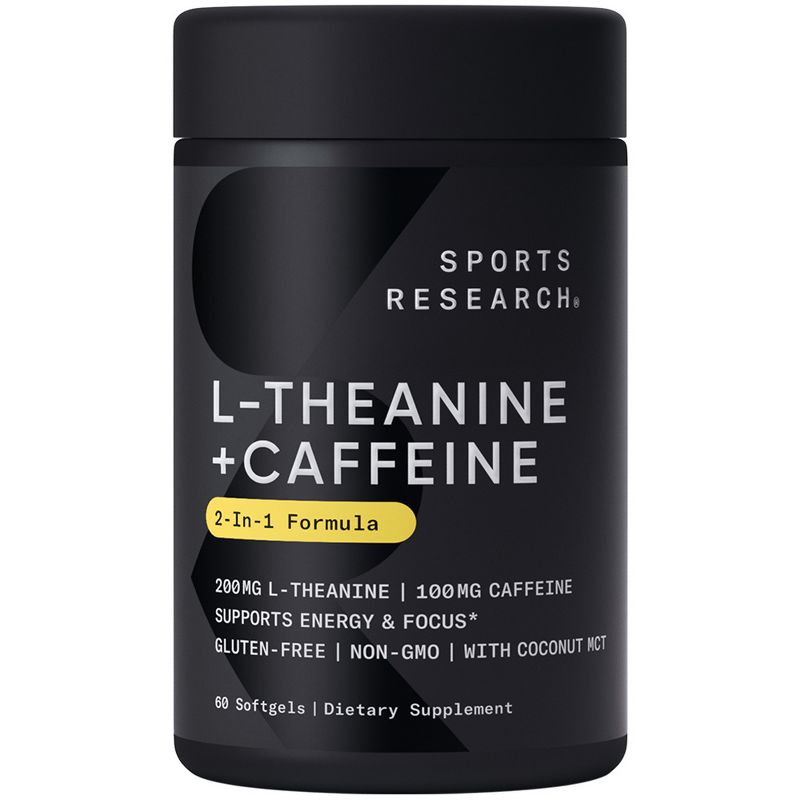 Sports Research L-Theanine & Caffeine, 2-in-1 Formula, 60 Softgels, Sports Nutrition Supplements, 1 of 5