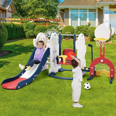 Whizmax 7 in 1 Toddler Slide and Swing Set, Kids Freestanding Slide Climber with Adjustable Swing and Basketball Hoop, Soccer Golf and Ring Toss Game