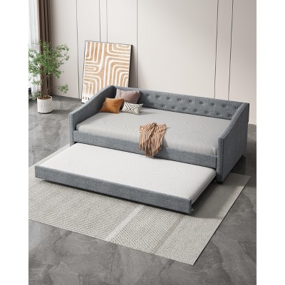 Twin/Full Size Upholstered Tufted Daybed with 2 Storage Drawers/Trundle and Button on Back and Piping on Waved Shape Arms, 4Q -ModernLuxe
