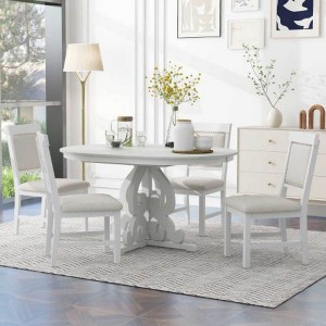 5-Piece Retro Functional Dining Set, 1 Extendable Table with a 16-inch Leaf and 4 Upholstered Chairs for Dining Room and Kitchen - 1 of 4