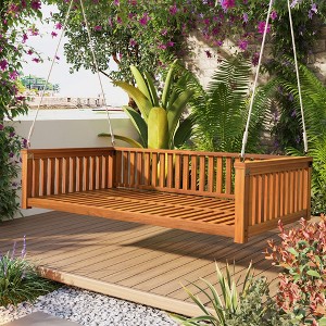 Twin Size Outdoor Acacia Wood Porch Swing Daybed with Ropes, Hanging Swing for Patio, Garden, or Backyard - 1 of 4