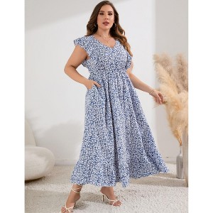 Womens Plus Size Casual Sleeveless Maxi Dress Ruffle Sleeve A Line Swing Summer Maxi Dress with Pockets - 1 of 4