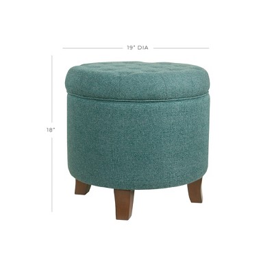 Elegant Teal Tufted Round Ottoman with Textured Weave and Storage