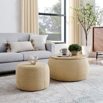 Round Storage Ottoman, Upholstered Coffee Table with Wooden Lid, 2 in 1 Function Foot Stool for Living Room Office,No Assembly Needed