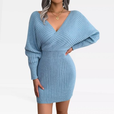 Sweater Dress for Women V Neck Batswing Sleeve Off Shoulder Surplice Dress Rib Texture Stretchy Knit Sweater Dress Elegant Bodycon Mini Dress