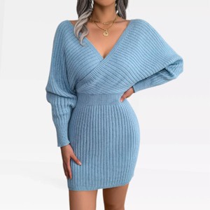 Sweater Dress for Women V Neck Batswing Sleeve Off Shoulder Surplice Dress Rib Texture Stretchy Knit Sweater Dress Elegant Bodycon Mini Dress - 1 of 4