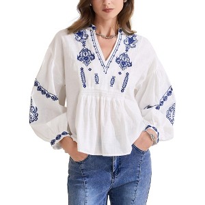 INSPIRE CHIC Women's Summer Embroidered V Neck Long Sleeve Flowy Casual Top - 1 of 4