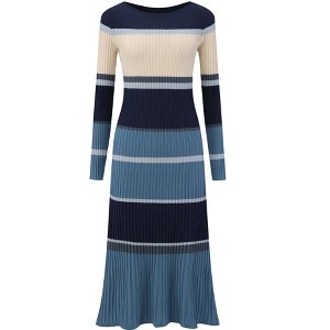 INSPIRE CHIC Women's Striped Long Sleeve Casual Work Ribbed Knit Bodycon Sweater Dress - 1 of 4