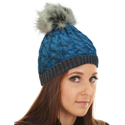 Womens Girls Winter Faux Fur Hat Large Raccoon Fur Pom Pom Beanie Hats Stretch - Terra