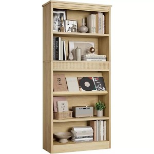 71"Tall Wooden Bookshelf,5 Tier unique fluted Wooden Book Shelf,Free Standing Farmhouse Bookcase with Open Display Storage  for living rooms,Office - 1 of 4