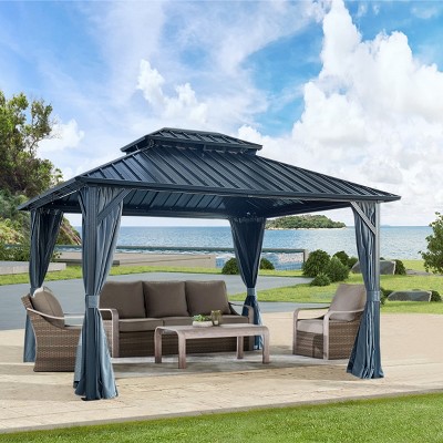 Durable 10' x 12' Hardtop Gazebo with Galvanized Steel Roof, Sturdy Aluminum Frame, Mosquito Netting, and Weather-Resistant Curtains-Coolbibila