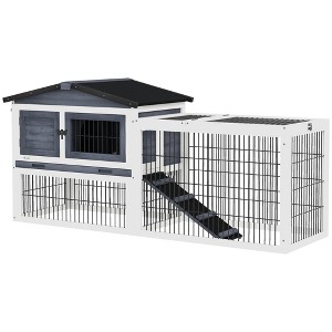 PawHut 2 Levels Wooden Rabbit Hutch Bunny Hutch House Guinea Pig Cage with Run Space, Removable Tray, Ramp and Waterproof Roof for Outdoor - 1 of 4