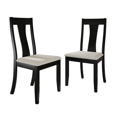 Black Wood Side Chair with Linen Upholstered Seat, Set of 2
