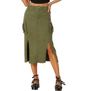 INSPIRE CHIC Women's Denim Y2K Split Hem Midi Cargo Skirt with Pocket - 1 of 4