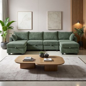 114" U-Shaped Corduroy Sectional Sofa with Storage Ottoman, 6 Seats - 1 of 4